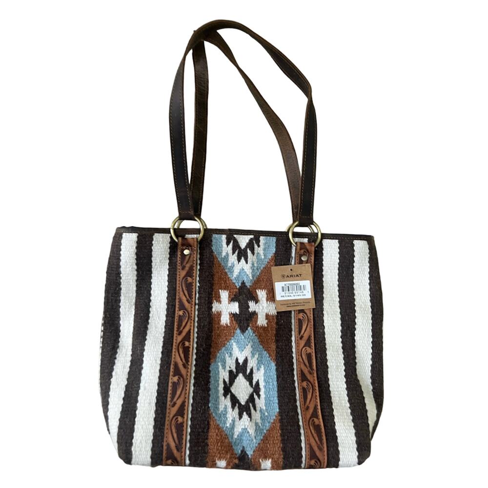 ARIAT TOOLED WOOL BLANKET DISTRESSED LEATHER WESTERN AZTEC PRINT TOTE BAG BOHO